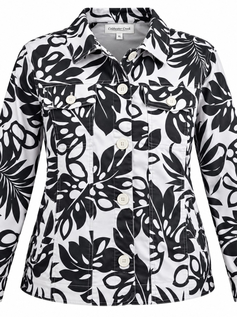COLDWATER CREEK | Black White Tropical Leaf Cotton Stretch Boxy Jacket | XL